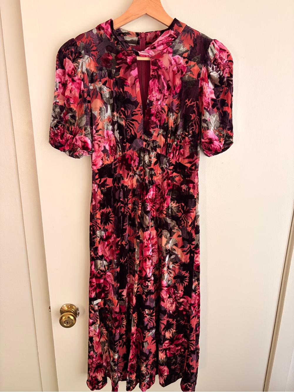 Maggy London Velvet Floral Midi Dress in Pink and Black